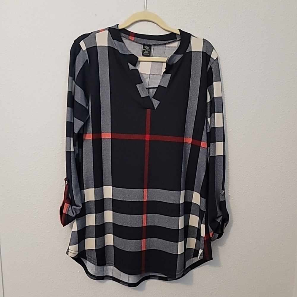 Women's Casual 2/3 Sleeve V-Neck Plaid Shirt Pullover Sz S-M  Flannel